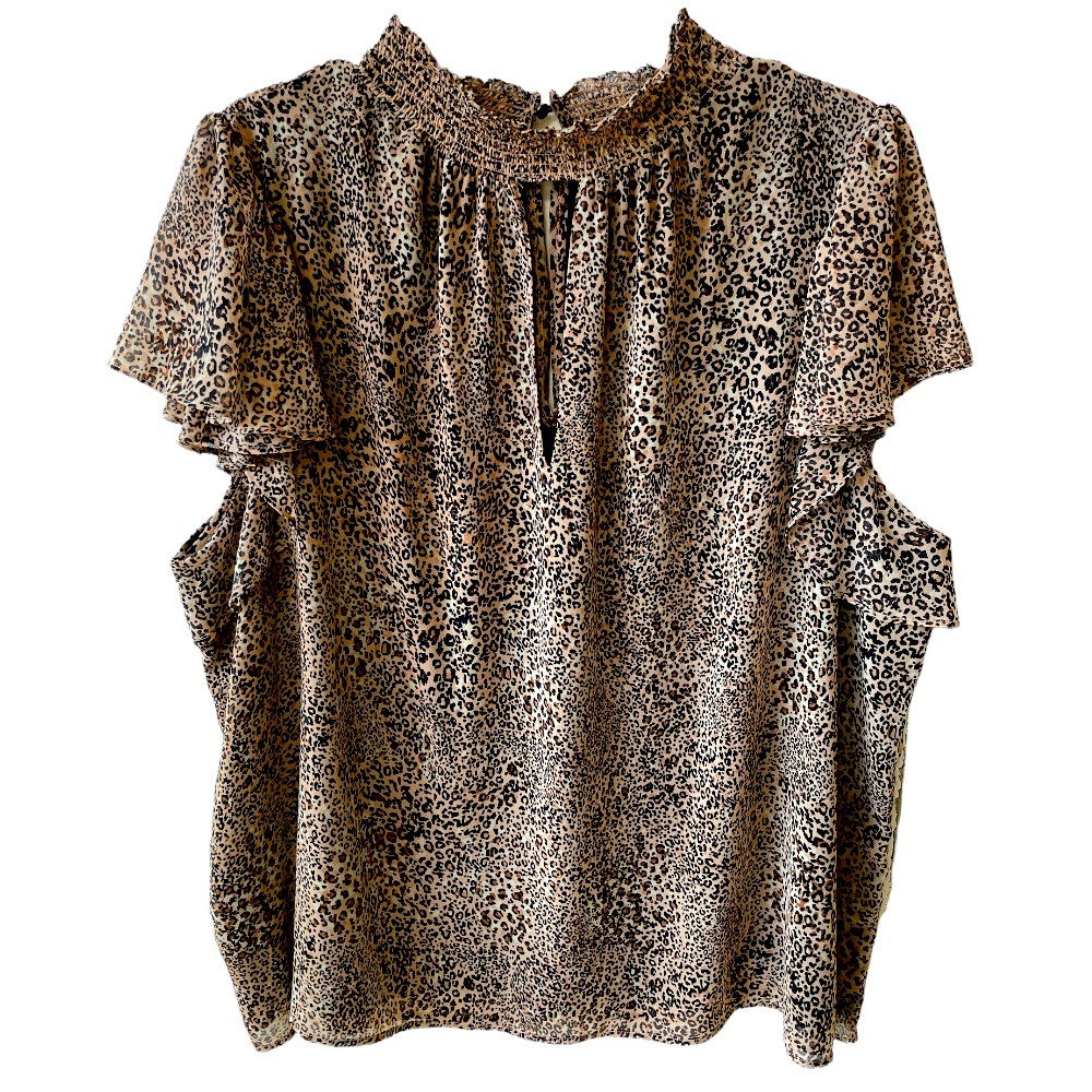 1 State top leopard Womens 3X ruffle sleeve high neck short sleeve stre…